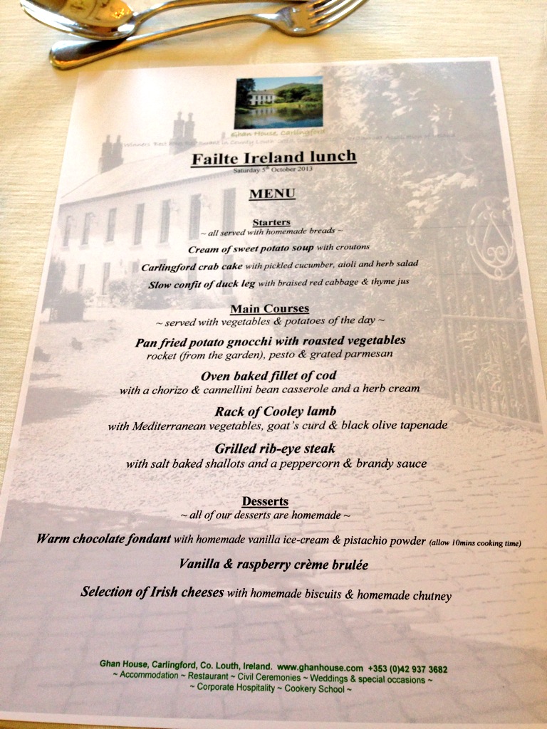 TBEX menu at Ghan House, Carlingford Ireland 